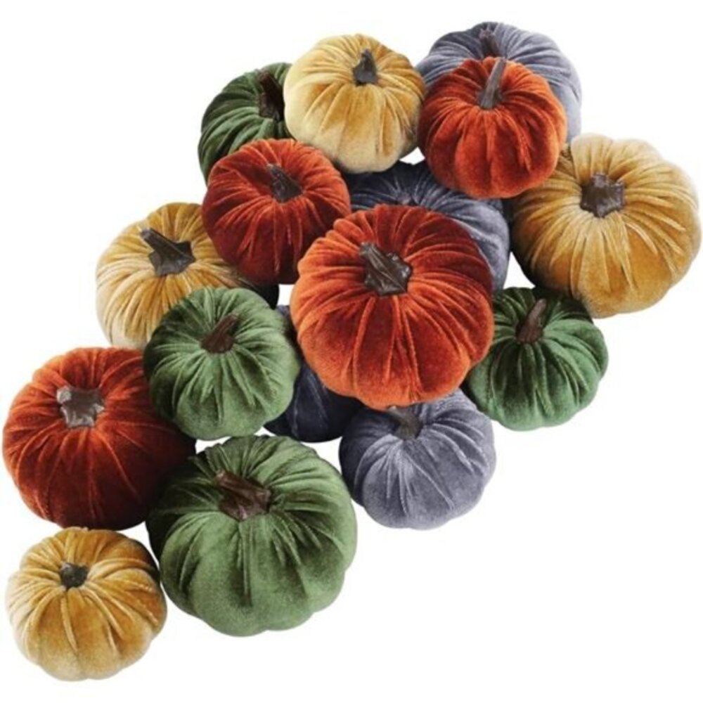 16‎ Pcs Assorted Small Faux Rustic Harvest Velvet Pumpkins Fall Decorations